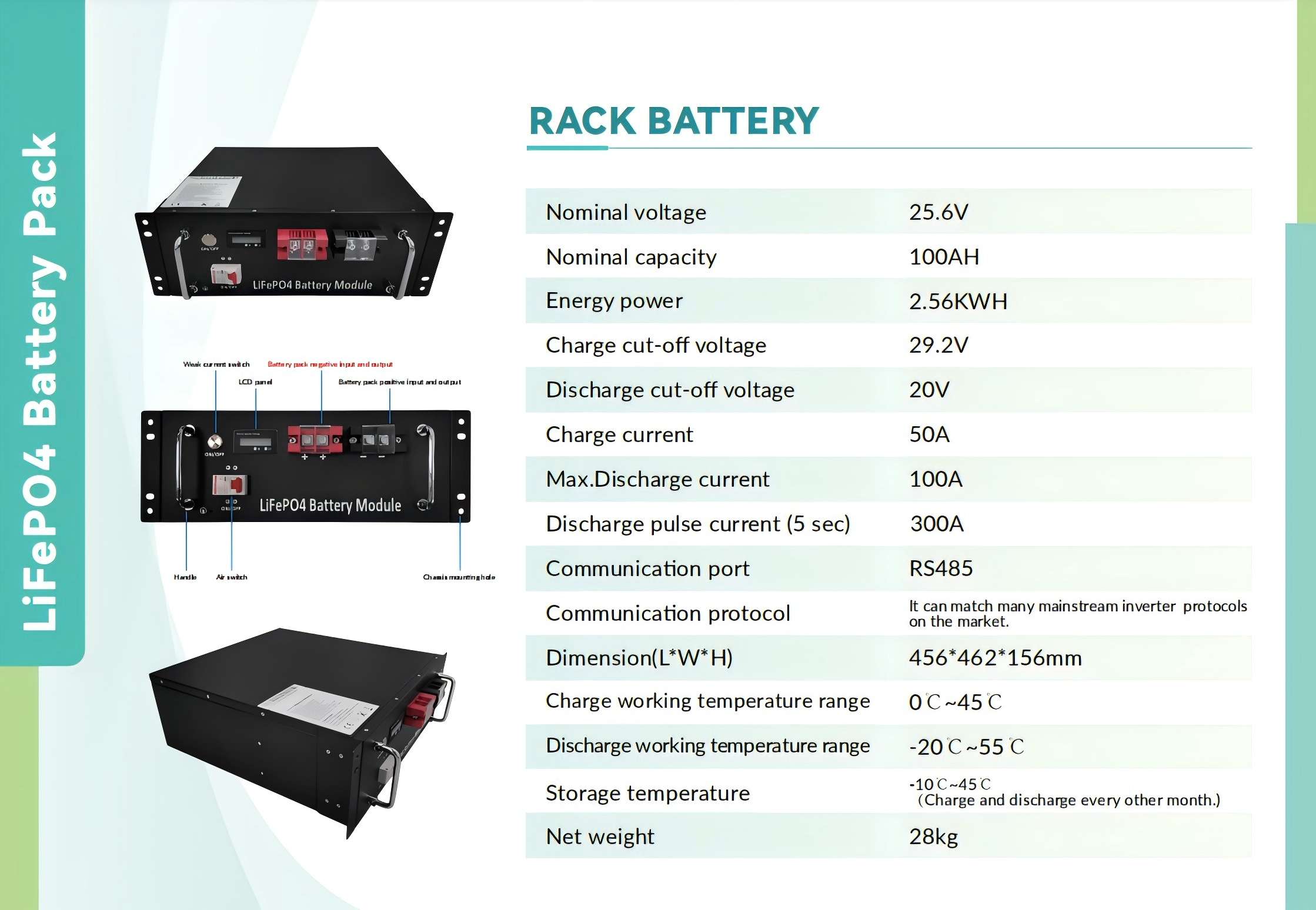 rack battery 25.6V100Ah